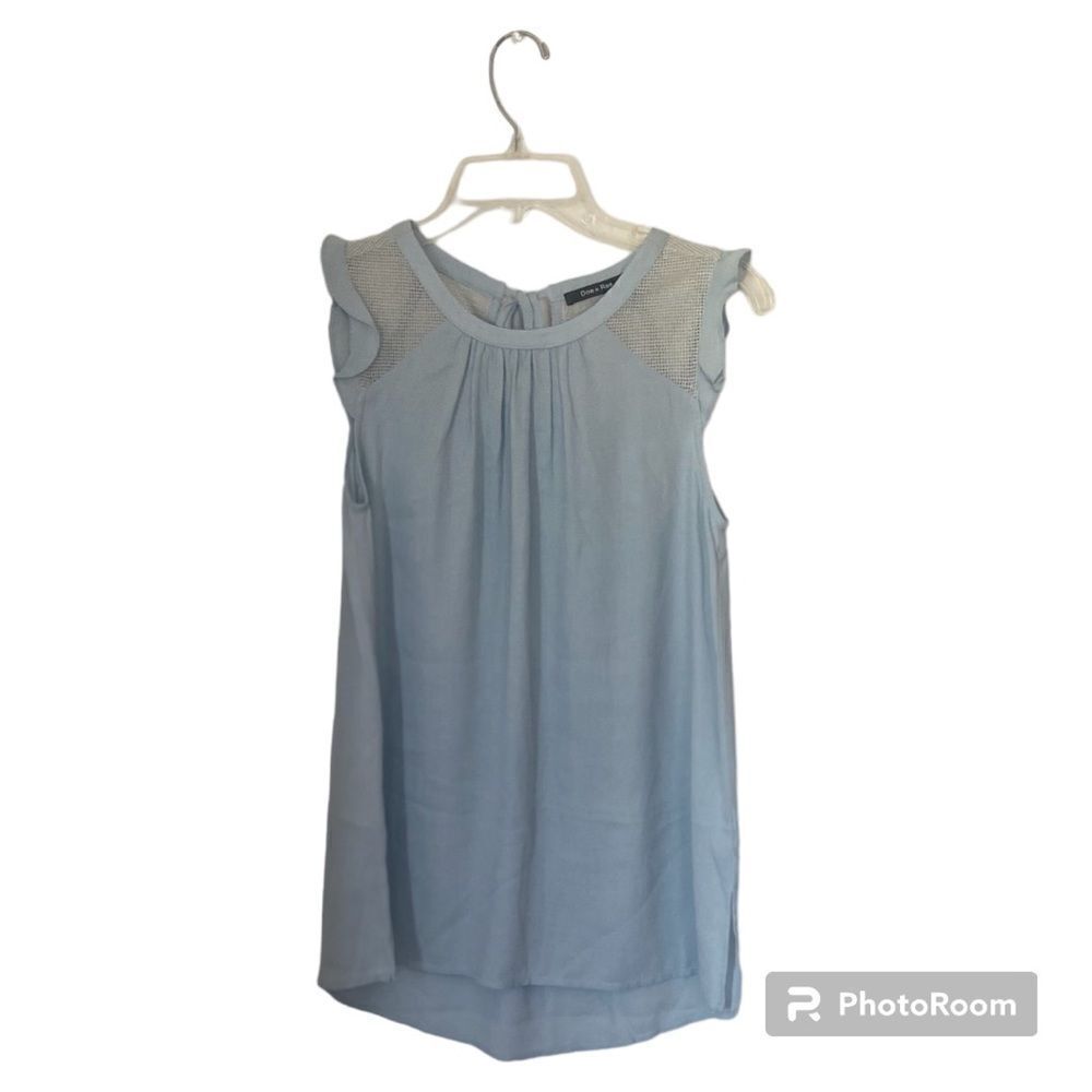 Doe & Rae Light Blue Mesh Yoke Ruffle Sleeve Top - Picture 2 of 13